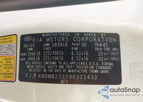 2009 Kia Sedona Lx z USA, uszkodzony, nr VIN KNDMB233596322432